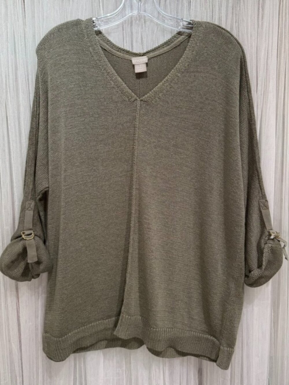 Chico’s Women’s Olive Green Lightweight Knit Sweater XL V Neck Roll Tab Sleeves